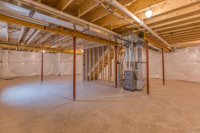 8195 Rachel Ct, Clay, NY 13027 - unfinished basement featuring stairway and heating unit
