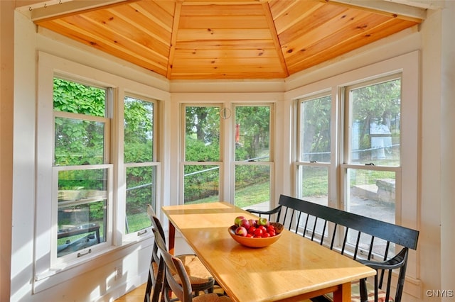 sunroom featuring wood ceiling and vaulted ceiling