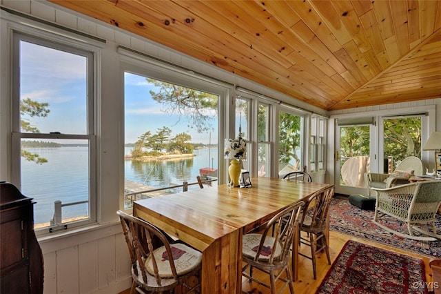 sunroom / solarium featuring lofted ceiling, a wealth of natural light, a water view, and wooden ceiling