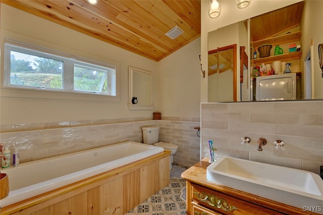 bathroom featuring a healthy amount of sunlight, wood ceiling, a tub, and toilet