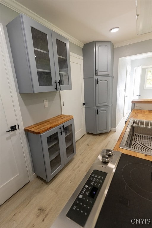 kitchen with gray cabinets, light wood-type flooring, and crown molding