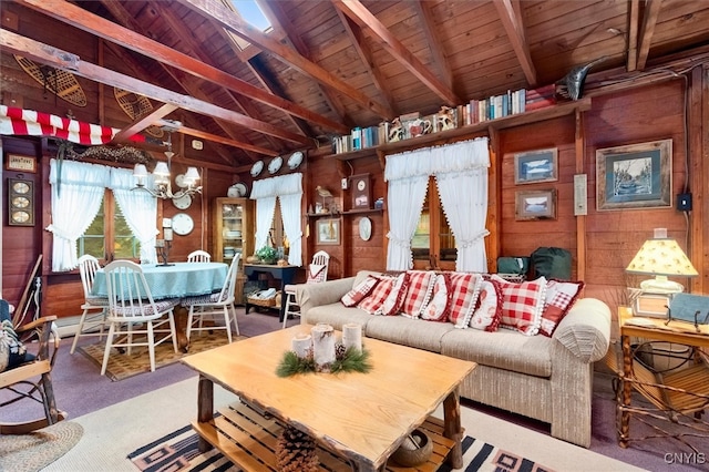 living room featuring wood ceiling, wooden walls, carpet flooring, and lofted ceiling with skylight