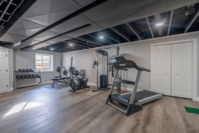 workout room featuring hardwood / wood-style floors