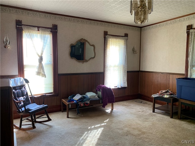 sitting room with a textured ceiling, light colored carpet, and a wealth of natural light