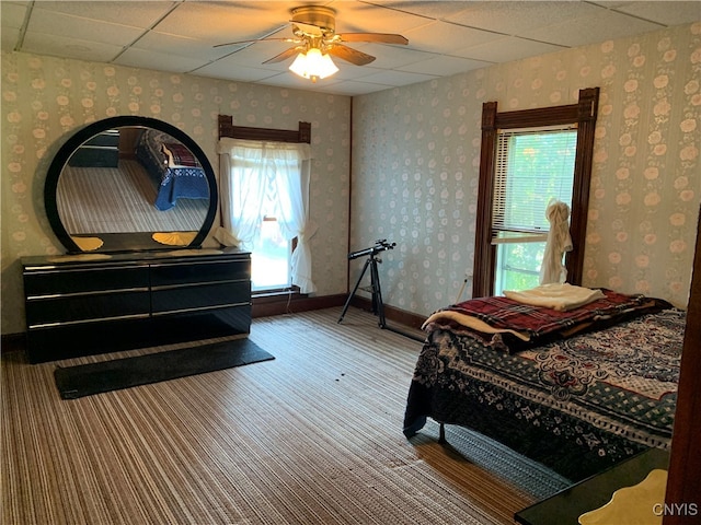 bedroom featuring multiple windows, carpet floors, ceiling fan, and a paneled ceiling