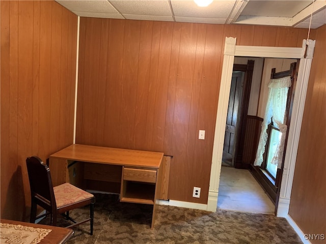 interior space featuring dark carpet and wood walls