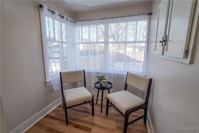 living area featuring plenty of natural light and light hardwood / wood-style flooring