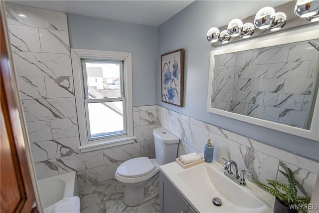 full bathroom featuring separate shower and tub, vanity, tile walls, and toilet