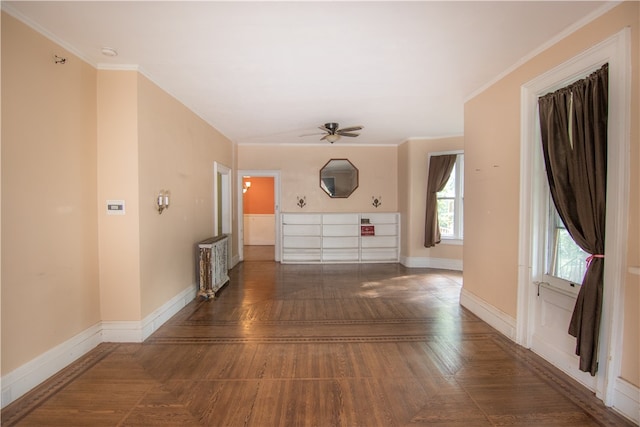 corridor featuring ornamental molding and radiator heating unit