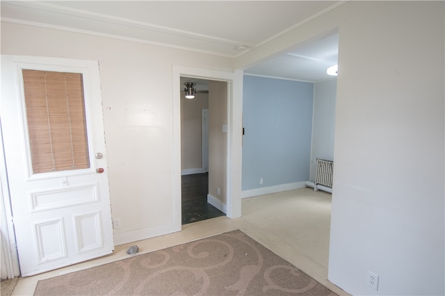 spare room featuring light colored carpet and radiator heating unit