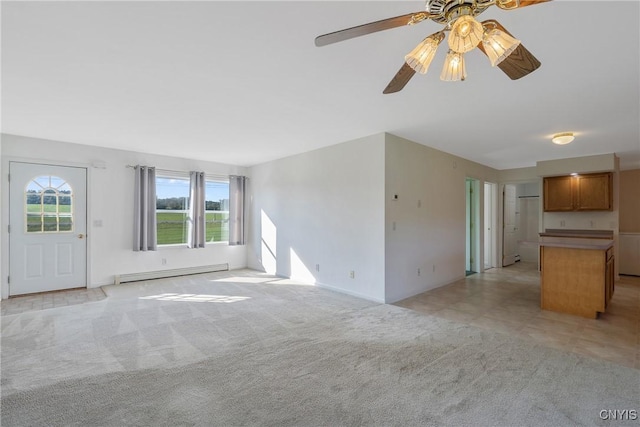 unfurnished living room featuring light colored carpet, ceiling fan, and a baseboard heating unit