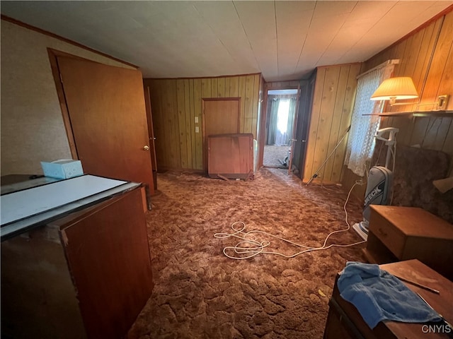 interior space with dark carpet and wooden walls