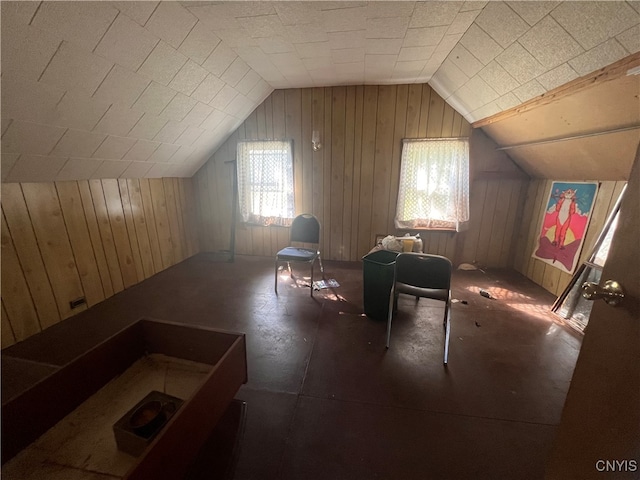 additional living space featuring wooden walls and vaulted ceiling