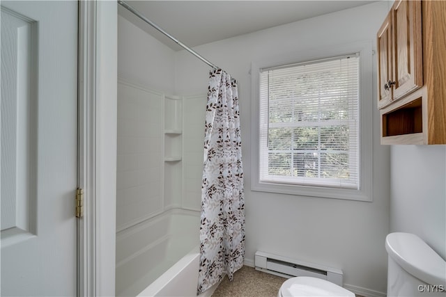 bathroom with shower / bath combination with curtain, a baseboard heating unit, and toilet