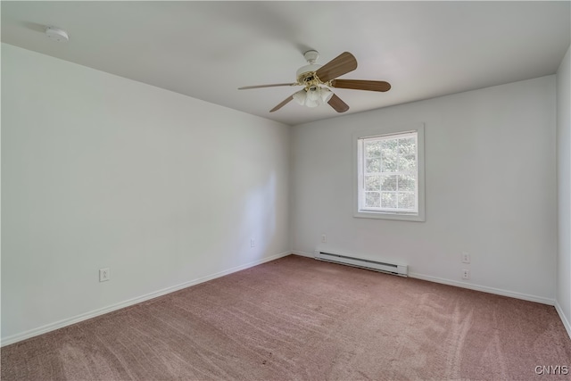 carpeted empty room with ceiling fan and a baseboard radiator