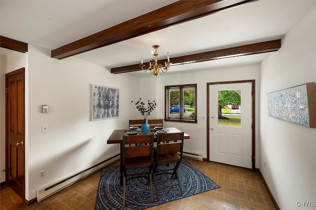 dining space with an inviting chandelier, beam ceiling, and a baseboard heating unit