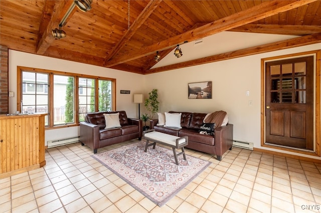 living room featuring light tile patterned flooring, lofted ceiling with beams, and a baseboard heating unit