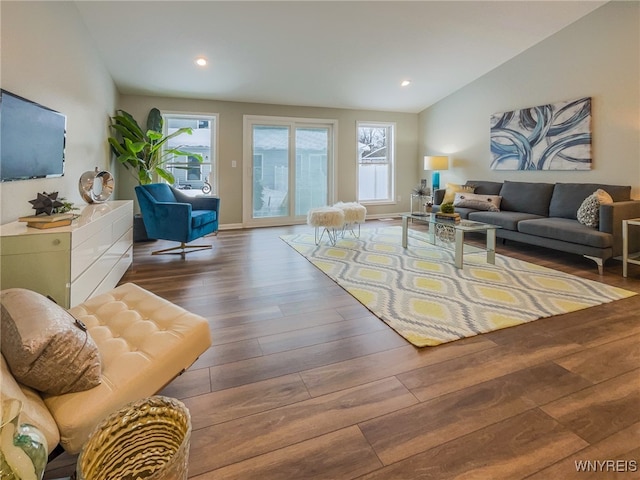 living room featuring hardwood / wood-style flooring, vaulted ceiling, and a wealth of natural light