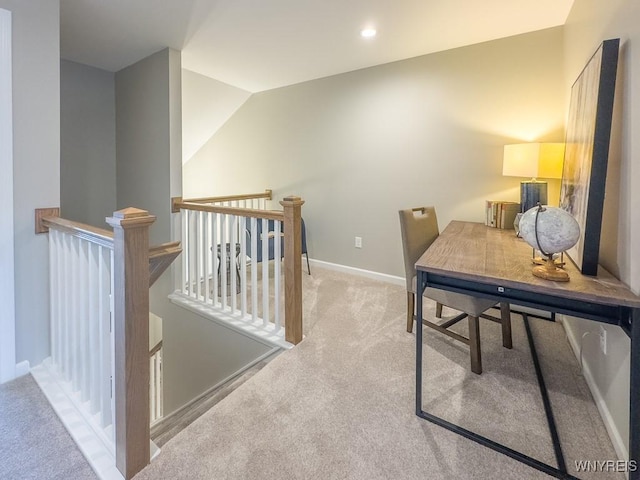 203 Carriage Ln, West Seneca, NY 14224 - office featuring light carpet, baseboards, and lofted ceiling