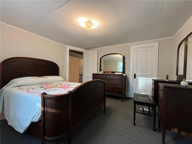 carpeted bedroom with crown molding