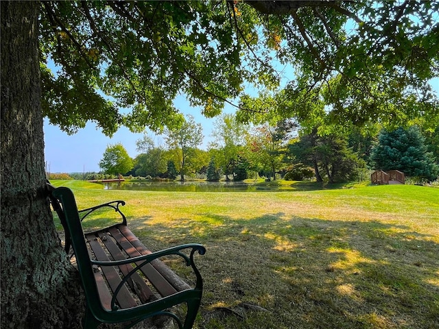 view of community featuring a shed, a yard, and a water view