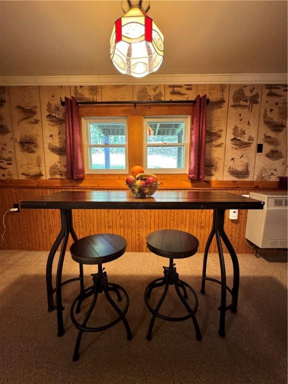 carpeted dining area with wood walls