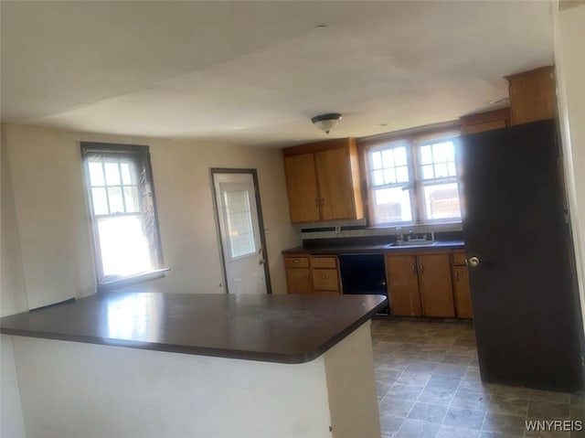 kitchen with black appliances, sink, kitchen peninsula, and a healthy amount of sunlight