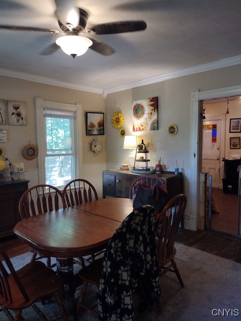 dining space featuring ceiling fan and crown molding