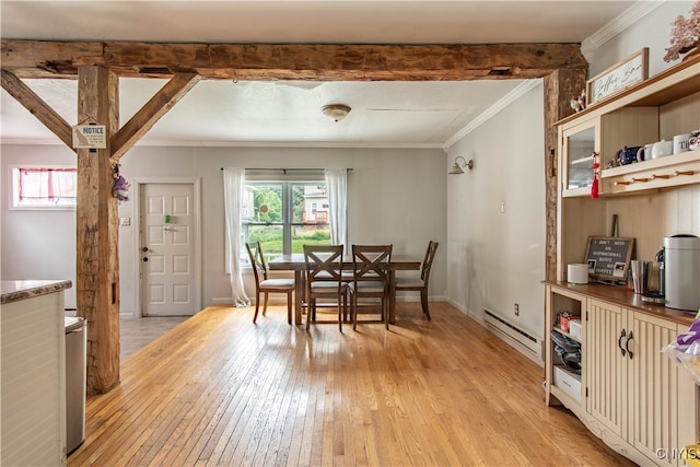 dining area featuring a baseboard radiator, light hardwood / wood-style floors, beamed ceiling, and crown molding