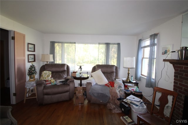 living room featuring dark hardwood / wood-style floors and a fireplace