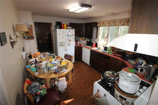 kitchen with dark brown cabinetry and white appliances