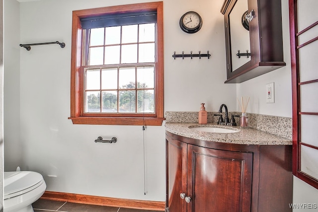 bathroom with tile patterned flooring, vanity, and toilet