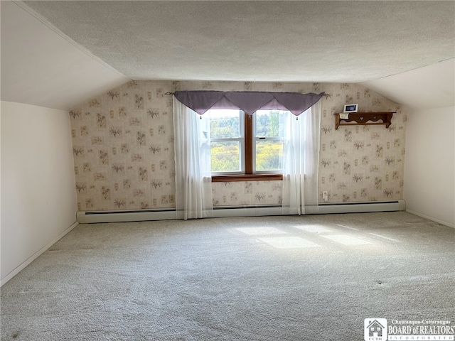 bonus room featuring a textured ceiling, lofted ceiling, and carpet flooring