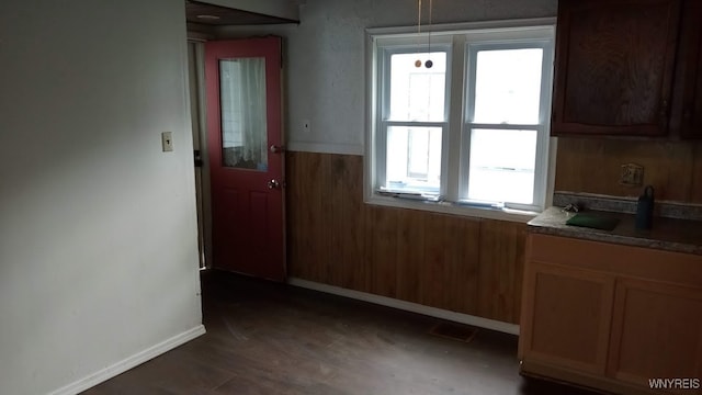 kitchen with wood walls