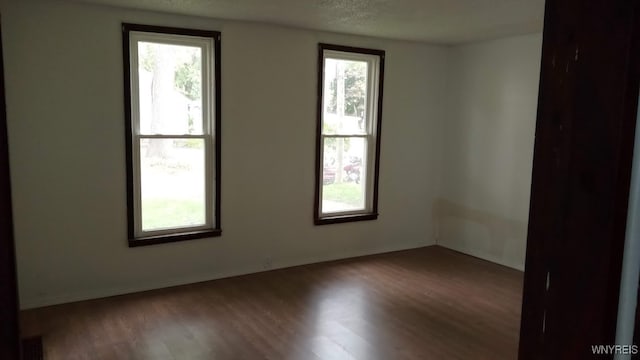 spare room with a wealth of natural light, a textured ceiling, and hardwood / wood-style flooring