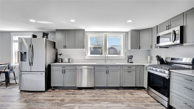 kitchen featuring appliances with stainless steel finishes, gray cabinetry, and sink