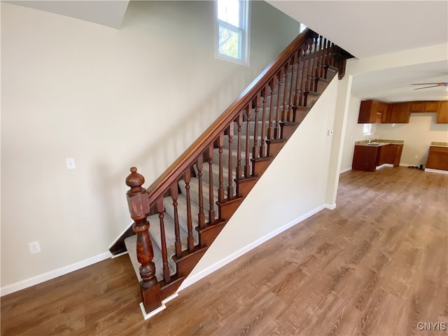 staircase featuring wood-type flooring and sink