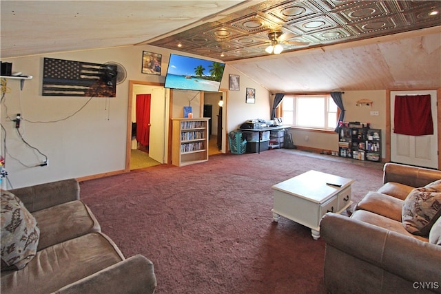 carpeted living room with vaulted ceiling