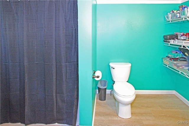 bathroom with hardwood / wood-style flooring and toilet