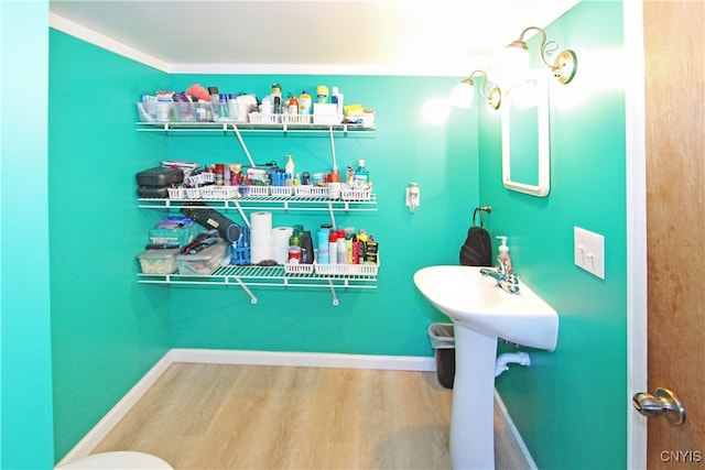 bathroom with hardwood / wood-style flooring and ornamental molding