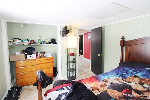 bedroom featuring light colored carpet