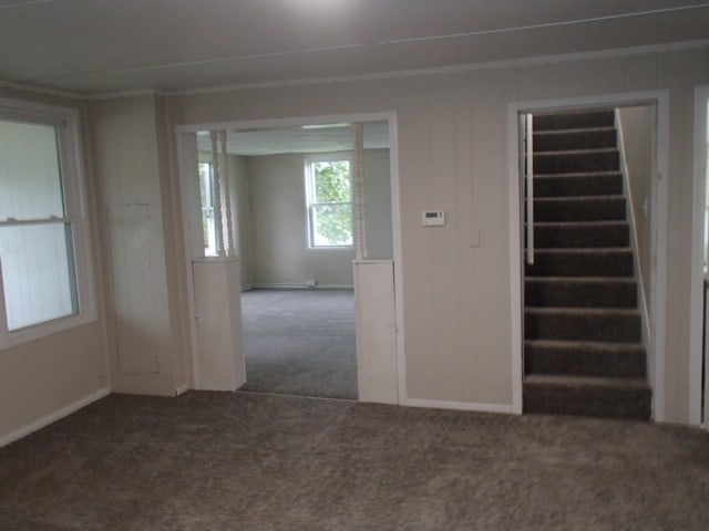 spare room featuring dark colored carpet