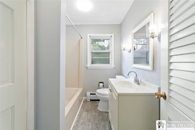 full bathroom with vanity, baseboard heating, hardwood / wood-style flooring, toilet, and  shower combination