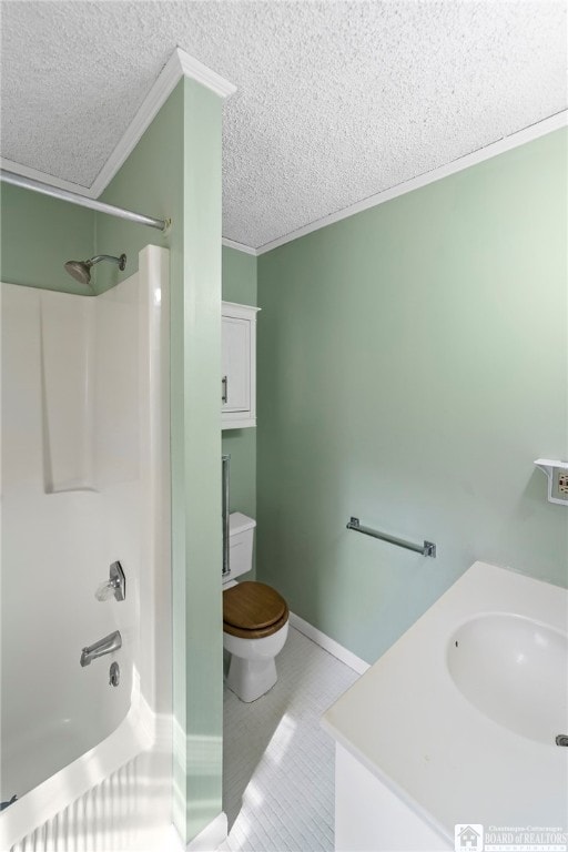 full bathroom with vanity, shower / bathing tub combination, a textured ceiling, and toilet