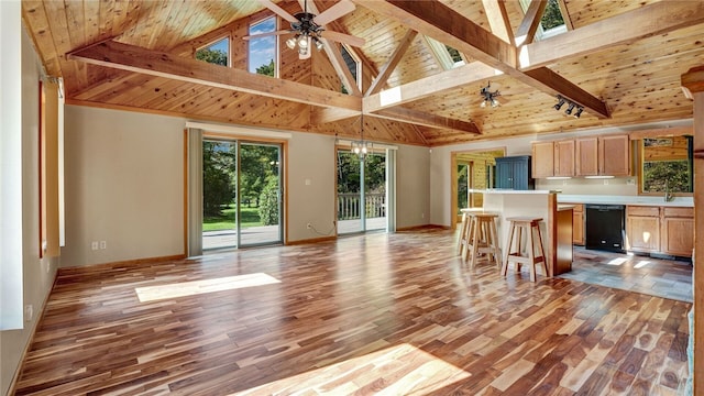 kitchen with ceiling fan, beamed ceiling, light hardwood / wood-style flooring, wooden ceiling, and black dishwasher