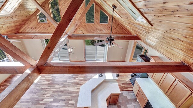 interior space featuring wooden ceiling, wooden walls, and ceiling fan