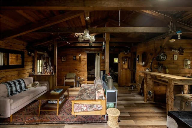 2192 Davis Hollow Rd, Andes, NY 13731 - living area featuring wood walls, wood finished floors, wood ceiling, and ceiling fan
