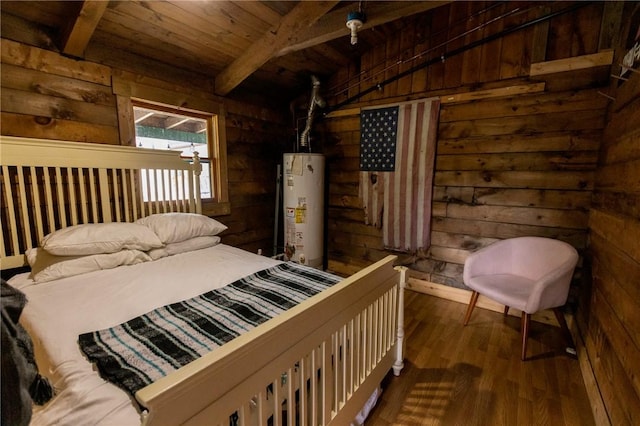 2192 Davis Hollow Rd, Andes, NY 13731 - bedroom with gas water heater, a wooden ceiling with exposed beams, wood finished floors, and wooden walls