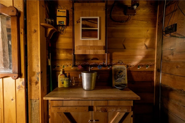 interior space featuring wood walls