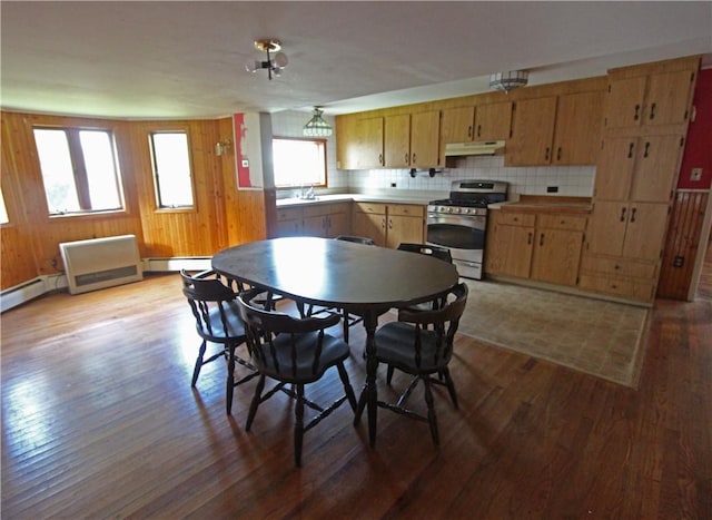 dining room with baseboard heating, wooden walls, wood finished floors, and a healthy amount of sunlight
